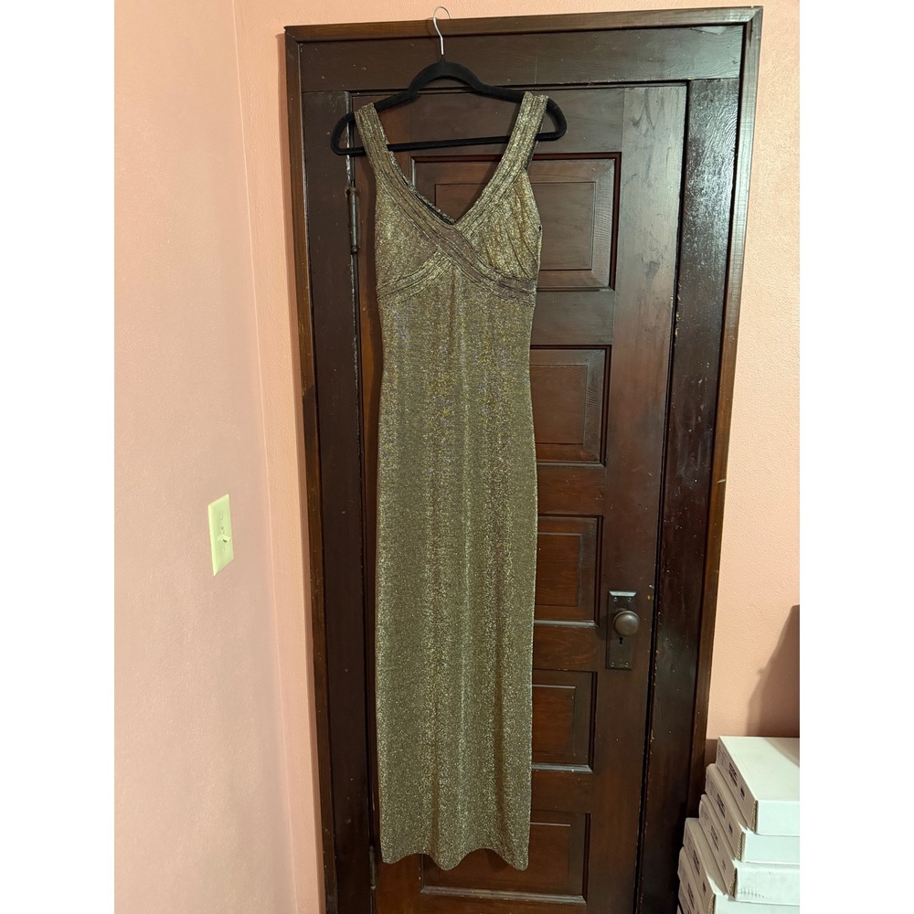 Bernshaw Vintage Metallic Gold Shiny Bronze Maxi Dress V-Neck Gown Womens 8